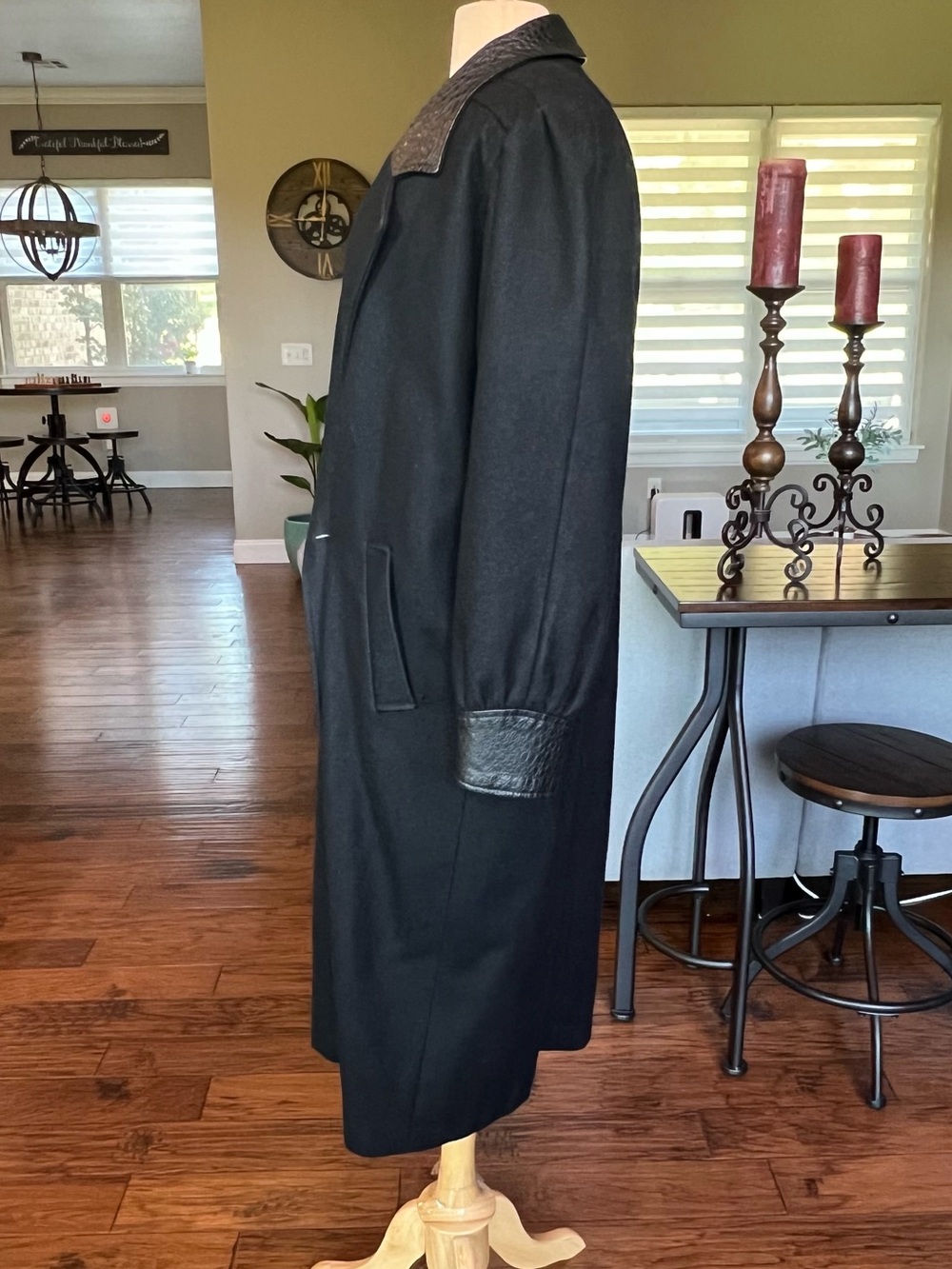 Vintage Havoc Black Wool Leather Trim Long Trench Coat USA Size 10 - Picture 5 of 15